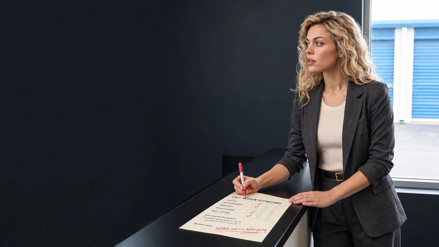 Evalyn® at a self-storage front counter, headphones pulled back, marking a printed call transcript in red pen, roll-up unit doors visible through the window