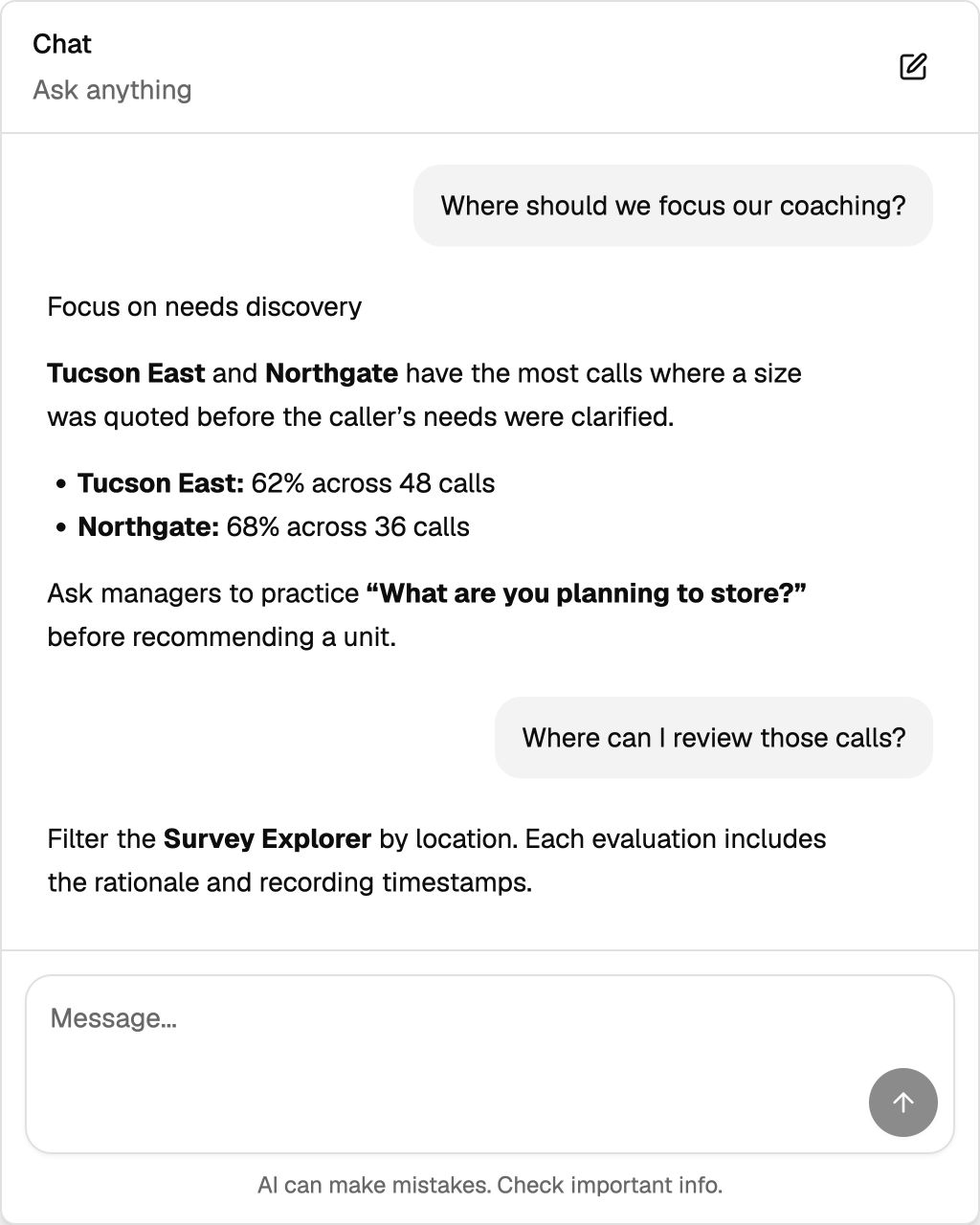 Evalyn’s AI assistant showing an example coaching conversation and a message composer.